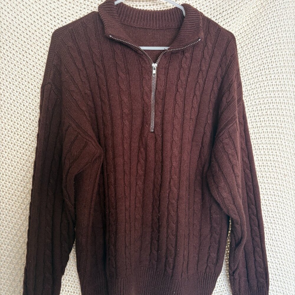 Unisex Cable Knit Quarter-Zip Sweater - Brown - Relaxed Fit